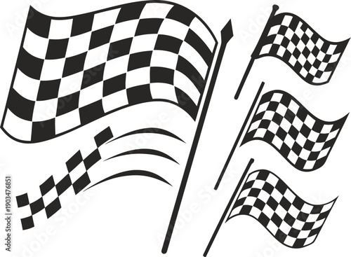Checkered Flags of Victory: A dynamic composition of checkered flags, each waving triumphantly, symbolizes the thrilling conclusion of a race, representing the culmination of speed, strategy.