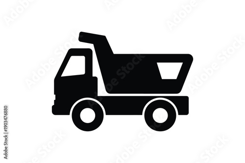 Industrial dump truck silhouette icon representing construction heavy machinery for transport and building work