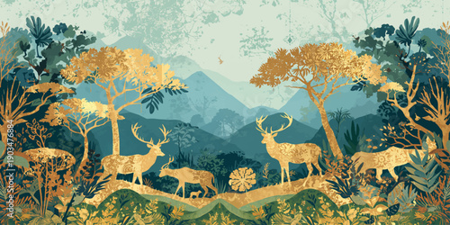 A vibrant vector illustration of wild animals in the forest featuring a deer silhouette among green pine trees and summer plants under a clear spring sky