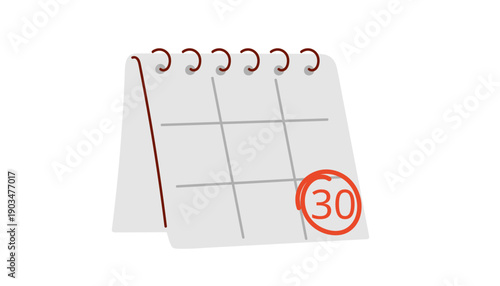 Modern desk calendar with red circle around number 30, symbolizing important deadline or tax due date. Flat vector illustration for time management, project planning, financial reporting concepts