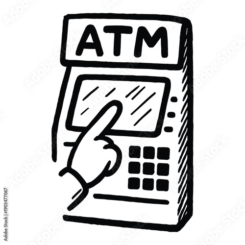 Hand pressing screen on ATM machine sketch