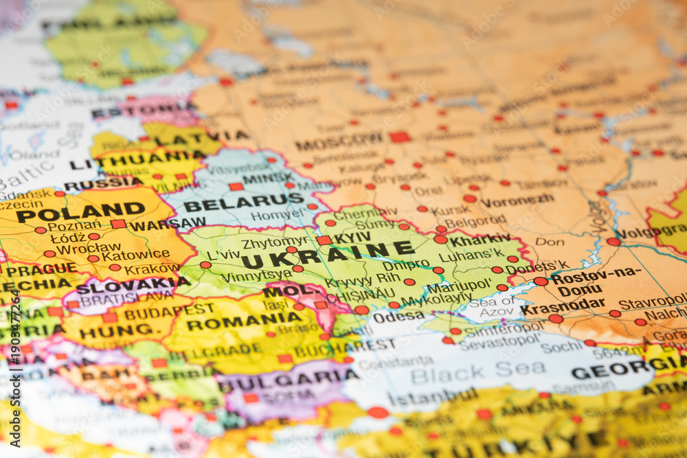 Obraz premium Close-up of a political map showing Ukraine and surrounding Eastern European countries