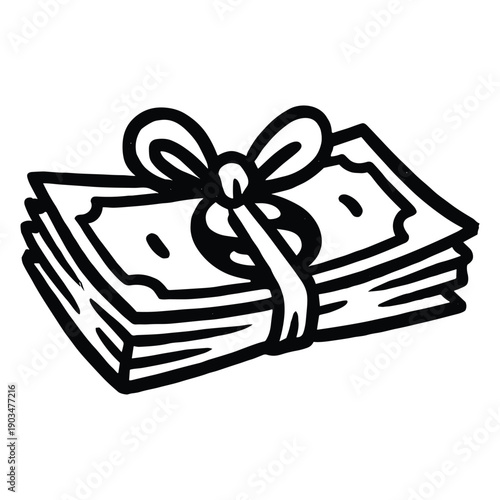 Stack of money bills tied with ribbon drawing