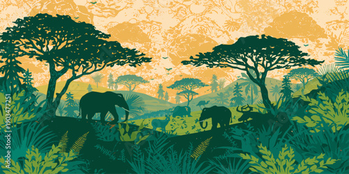 Abstract painting of a grunge nature landscape featuring trees and birds reflecting in a summer river pond with green autumn leaves under a blue sunlit sky