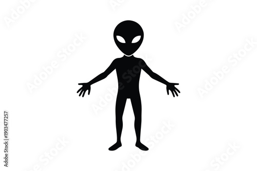 Black silhouette of an alien creature with a large head and big eyes standing with arms outstretched