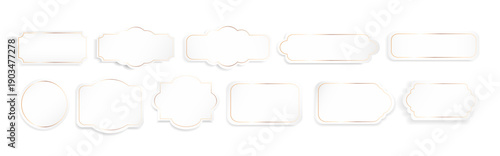 Set of luxury white label templates with gold borders in various shapes in realistic style for product packaging, branding, invitations, wedding stationery, gift tags, greeting cards. Vector