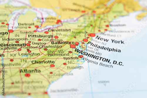 Photos Close-up view of a map showing major cities on the East Coast of the United Stat