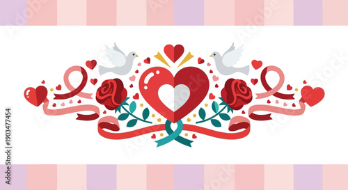 A vibrant illustration of hearts, roses, and doves on a pastel background, symbolizing love and romance.