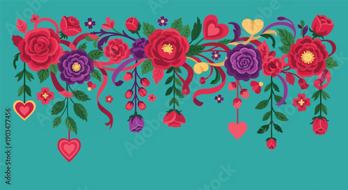 A vibrant floral design with colorful flowers and hearts on a teal background