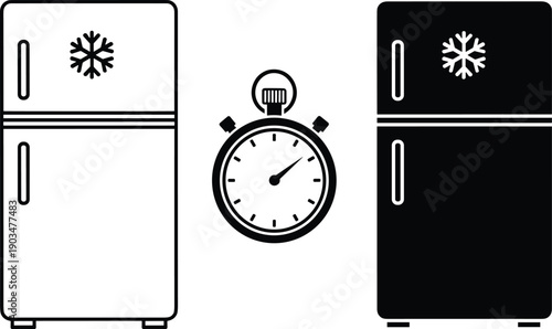 Refrigerator And Stopwatch Icon Set In Outline And Solid Styles, Food Storage Time Concept Illustration In Black And White For Kitchen And Appliance Design