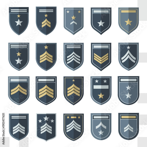 Military Ranks Badges Set - Collection of Insignia Shields with Stars and Chevrons