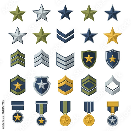 Military Rank Insignia, Badges, Stars, and Medals Set - Vector Icons