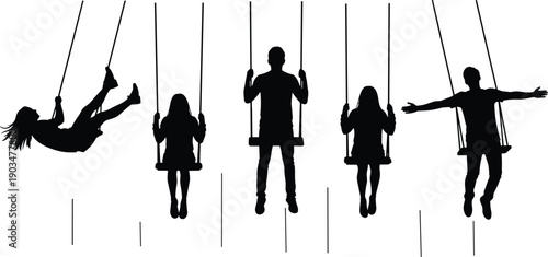 Silhouette of children swinging on playground, showing freedom, balance, joy, friendship, movement, and playful childhood moments in minimal black and white illustration