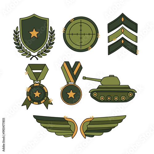 Military Insignia Collection: Tank, Medals, Rank Insignia, Shield, Crosshairs, Wings