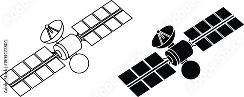 Satellite Illustration Set Showing Outline And Solid Styles, Space Technology Communication Satellite Icons Isolated On White Background For Aerospace Design