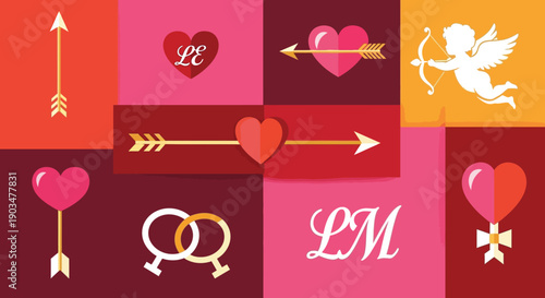 A colorful Valentine's Day themed graphic design with hearts and love symbols
