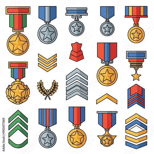 Collection of Military Medals, Ribbons and Ranks Isolated on White Background