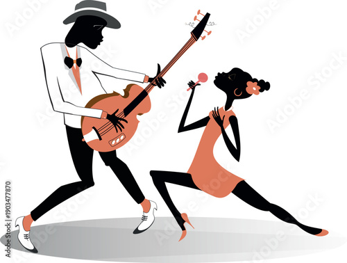 Two African musicians. Guitarist man and singer woman