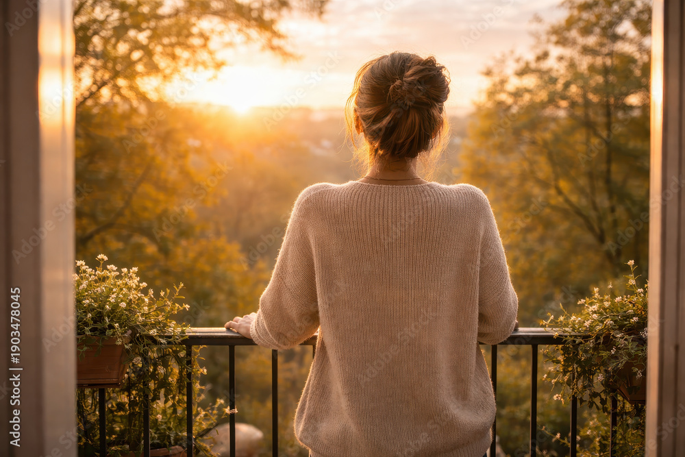 Fototapeta premium Morning balcony woman, autumn sunrise light, cozy sweater calm, golden nature view, peaceful routines start, quiet outdoor home