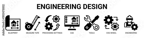 Engineering Design web banner icon vector illustration concept with icon of Blueprint, Measure Tape, Processing Settings, Cad, Tools, Cog Wheel, and Engineering.