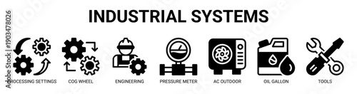 Industrial Systems web banner icon vector illustration concept with icon of Processing Settings, Cog Wheel, Engineering, Pressure Meter, Ac Outdoor, Oil Gallon, and Tools.