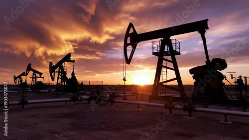 Oil pumps at sunset with dramatic sky. Energy industry operation showcases beauty of nature. Oil extraction process continues under vibrant colors. Industrial landscape captivates viewers.