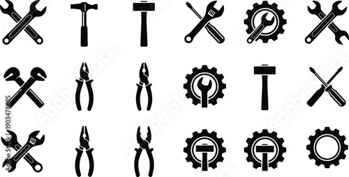 Tools silhouette icon set featuring wrench, hammer, pliers, and gear symbols for mechanic, repair, maintenance, and industrial service design projects
