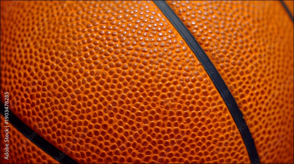 Fototapeta premium Close-up of basketball surface showing pebbled texture and black seams. Detailed view highlights grip and material design.