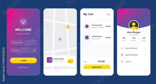 "A vibrant and sleek mobile application UI/UX design featuring a modern gradient color palette of deep purples and bright pinks. The visual mood is professional, energetic, and highly functional, 