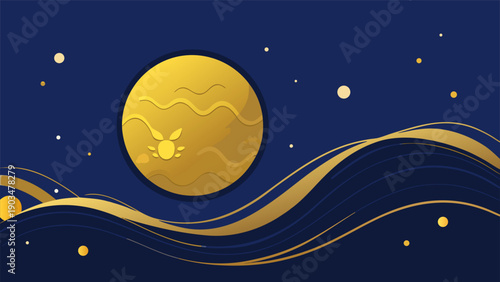 Golden Mooncake Festival greeting card with line art clouds and Happy Mid-Autumn Festival text.eps
