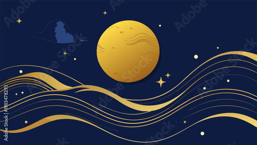 Elegant Mid-Autumn Festival background with gold moon and traditional Chinese calligraphy on dark blue.eps