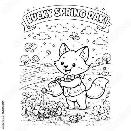 Happy Cat Gardener Watering Spring Flowers Line Art for Coloring