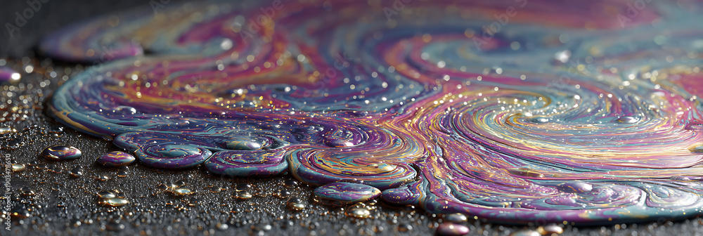 Fototapeta premium Mesmerizing Iridescent Swirls of Oil on Water Surface, Capturing Dynamic Rainbow Hues and Droplets