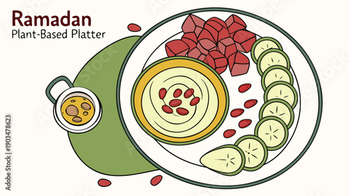 Ramadan Plant-Based Food Platter with Hummus, Cucumbers, Dates, and Pomegranate Seeds