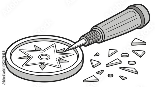 Breaking Puzzle Piece, Screwdriver, and Fragments on Round Object