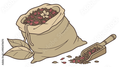 Illustration of a burlap sack and scoop filled with loose red and brown seeds and leaves