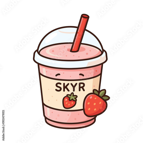 Strawberry skyr smoothie cup with straw flat vector