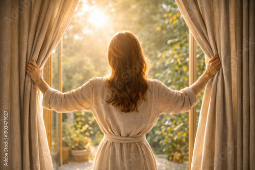 Morning light woman window curtain sunrise routine home bedroom sunshine garden waking to gentle morning light woman opens curtain and welcomes new day into peaceful home garden as fresh air