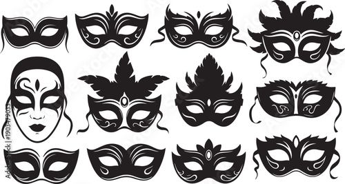 Collection of various black Venetian masks on white background