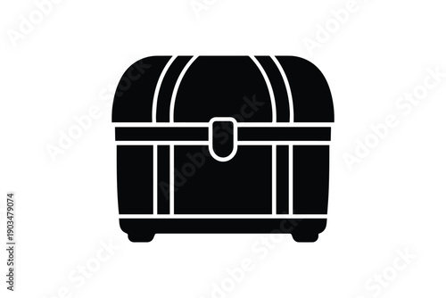 Black treasure chest with ornate details, lid closed, on white background