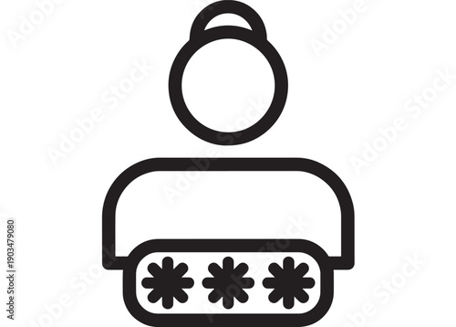 Password login icon with user profile avatar and hidden asterisks, bold black outline symbol for cybersecurity, authentication, account access and privacy on white