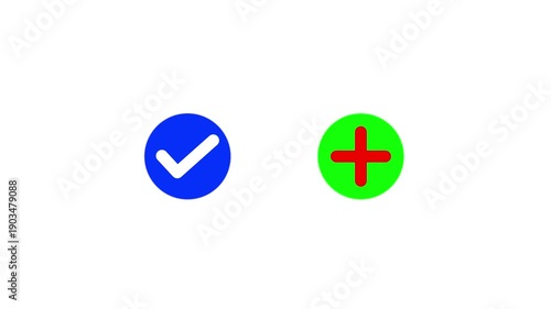 Animated pop-up green check mark and red cross X symbol on a transparent background. A checkmark in and out motion graphics animation. Video footage of yes or no, true or false with alpha channel