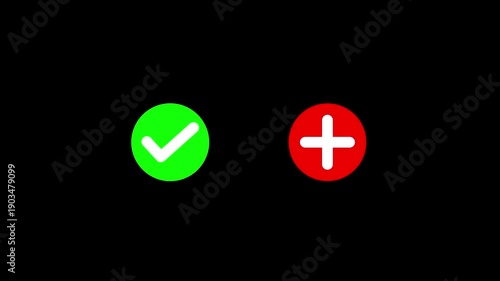 Animated pop-up green check mark and red cross X symbol on a transparent background. A checkmark in and out motion graphics animation. Video footage of yes or no, true or false with alpha channel
