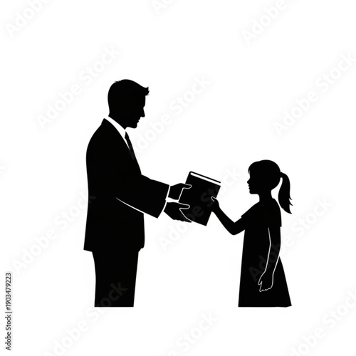 Man handing a book to a young girl in a simple illustration