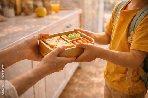 Morning school lunch routines create warm family moment at home kitchen while adult hand gives child healthy snack box with sandwich fruit and vegetable before day start together