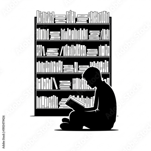 Silhouette of a person reading beside a tall bookshelf with numerous books from a side viewpoint