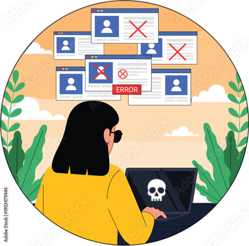Cyber Security Threat and Hacking Vector Illustration Showing Data Breach Errors Blocked Accounts and Malware Warning on Laptop Screen for Digital Safety Design