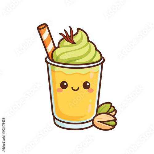 Kawaii pistachio dessert in glass with straw