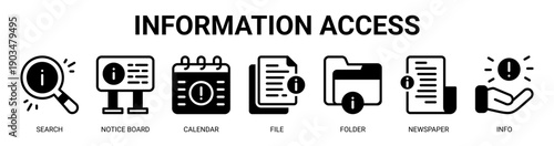 Information Access web banner icon vector illustration concept with icon of search, notice board, calendar, file, folder, newspaper, and info.
