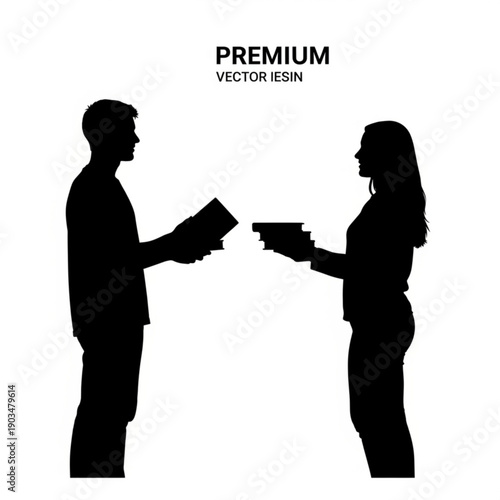 Man and woman exchanging documents in a professional office setting from a side viewpoint